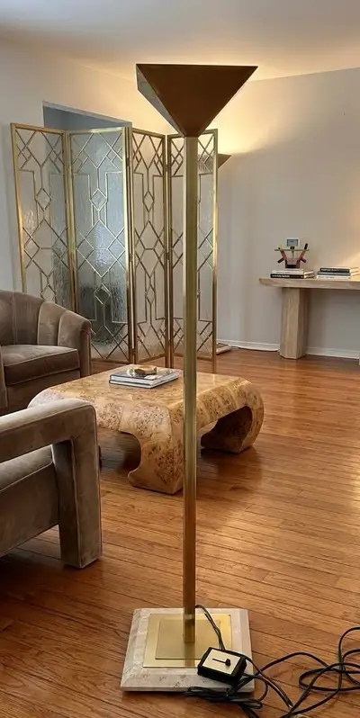 1970s Floor Lamp in Brass Parquet on Travertine Base, View more