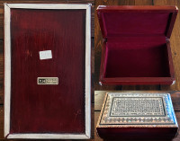 Vintage handmade Egyptian wood jewelry box red felt, pearl inlay