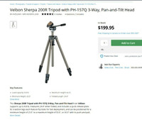 Velbon Sherpa 200R Camera Tripod 3 Section Pan Tilt Head