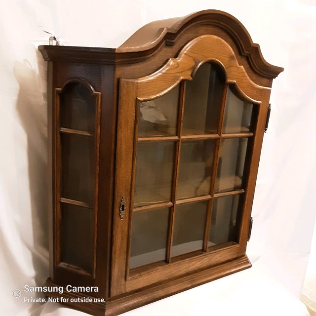 Vintage Solid Wood & Glass Locking Wall Curio w/Key Hutches
