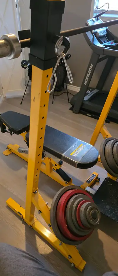Squat rack + bench and bar, View more