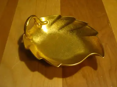 Elegant Tirschenreuth/Pickard Leaf-Shape Dish, Gold Tone w Flora, View more