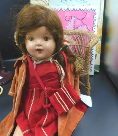 21 INCH CIRCA 1920S BROWN HUMAN HAIR MAMA DOLL, ORIGINAL CLOTHES, View more