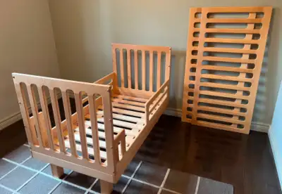 Solid birch baby crib/toddler bed with dresser and change table. Made by Cara Mia furniture.
