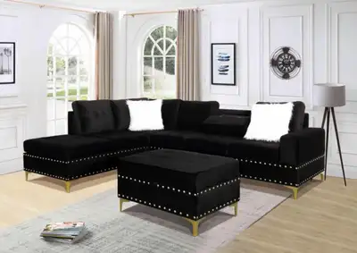 Velvet Black L-Shaped Sectional Sofa with Ottoman, View more