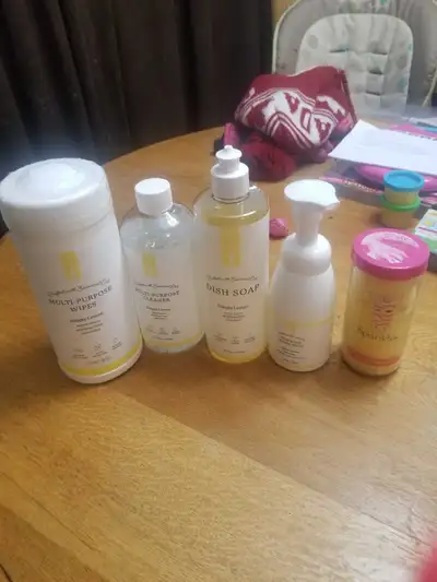Multi-purpose wipes, cleaner, dish soap, and foaming hand soap. All Simply Lemon scented. Plus a Spr...