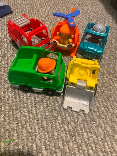 As shown - Recycling truck, fire truck, helicopter, digger and truck $10 - pickup west end
