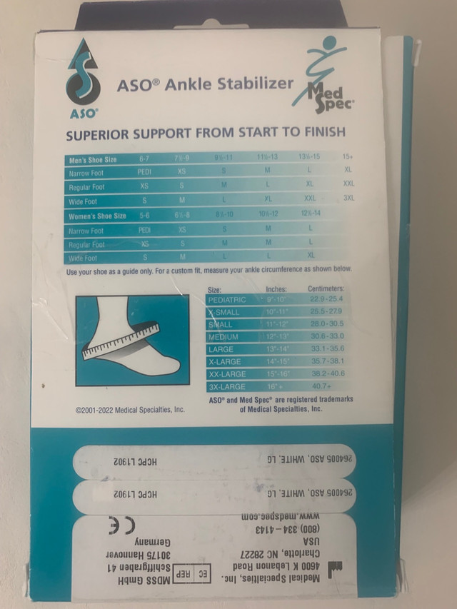 MedSpec ASO Ankle Stabilizer 264005, White, Large in Health & Special Needs in City of Toronto - Image 2