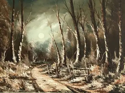 Beautiful Large Painting by Phillipe Rhéaume of Forrest Trail in the Moonlight with Birch Trees Oil...