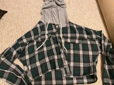 Plaid drawstring hooded blouse - ladies size L, View more
