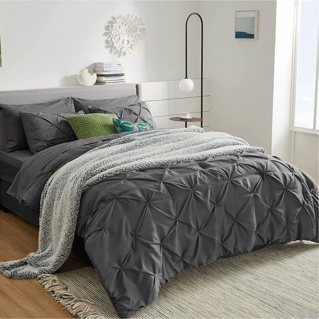 New 3 Piece Queen Comforter Set - Dark Grey - Pinch Pleated in Bedding in Barrie