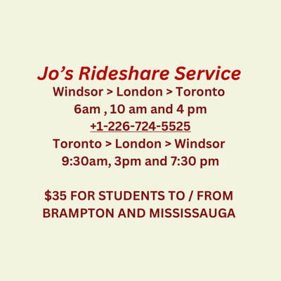9:30 AM, 3 PM & 7:30 PM FROM TORONTO TO WINDSOR DAILY RIDESHARE 