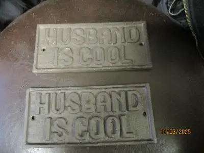 CAST IRON HUSBAND IS COOL WALL SIGN $20 CABIN MANCAVE DECOR, View more