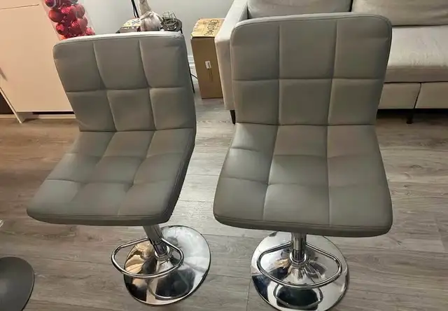 Pair of Grey Faux Leather Bar Stools – Adjustable & Swivel - New in Chairs & Recliners in Oakville / Halton Region - Image 2