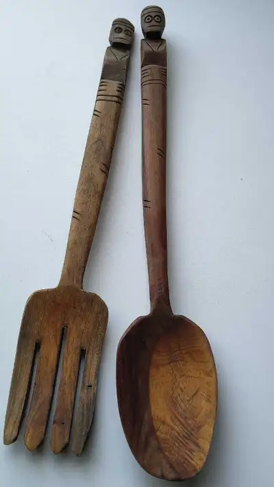Vintage hand-carved wooden salad servers 11.5", View more
