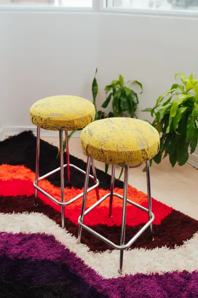 Vintage Chrome Bar Stools — Pair (Mustard Velvet), View more