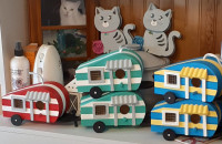 Wooden Hand-painted Trailer Birdhouses and Cats