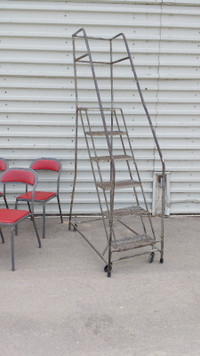 Vintage Industrial Grey Metal Rolling Library Ladder Loft Retail