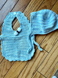 Hand knit bib and bonnet
