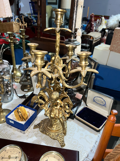 3 VERY HEAVY VINTAGE 5 CANDLE BRASS CANDELABRA + 2 MORE, View more
