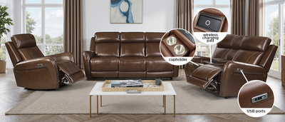 3PC POWER RECLINER SET( Genuine Leather) CHOCOLATE, View more