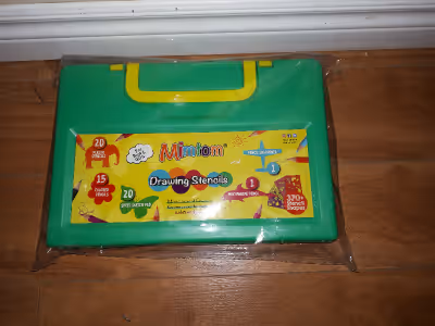 MIMTOM DRAWING STENCILS. New 20 plastic stencils, 15 colored pencils, 20 sheet sketch pad, pencil sh...