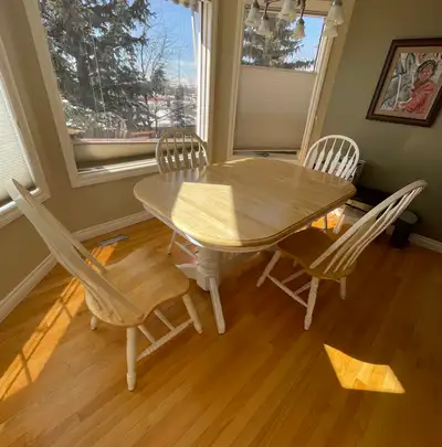 Solid wood, pine dining table, and six  chairs, View more