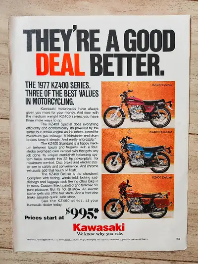 23 09 07 sTONkz400 Kawasaki Motorcycles 1977 KZ400 Series Original Print Ad Who knew vintage adverti...