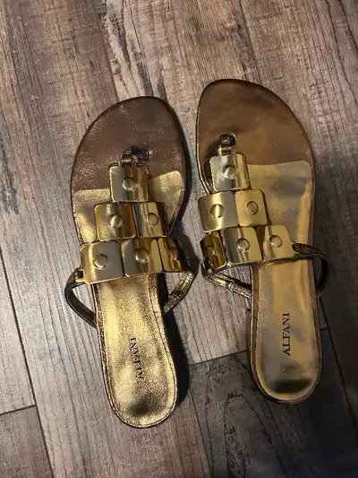 Never worn, bronze and gold slide sandals. Excellent condition, Smoke free home Size 9 1/2 $25