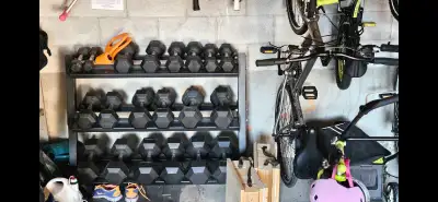 dumbbells with rack and other exercise equipment, View more