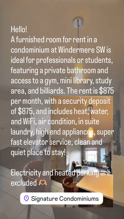 Discover a furnished room for rent in a condominium at Windermere SW, perfect for students or profes...