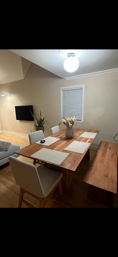 mango wood dining table with 3 chairs and bench, View more