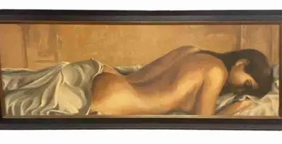 Over five feet in length and 2 feet width custom art painting framed of semi nude
