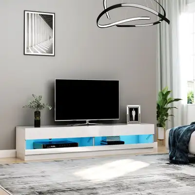 Sleek white tv stand up to 75" with led light, View more