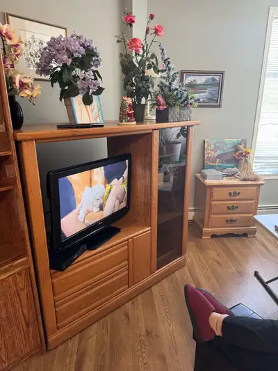 wood TV stand with glass cupboard, View more