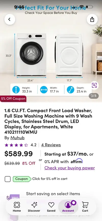 1.6 cu ft Compact Front Load Washer,, View more