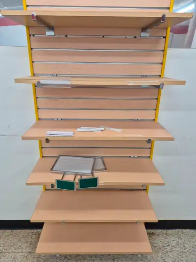 Store Shelving Units, one wall mount shelving unit that contains 6 shelves (unit is leaning against...
