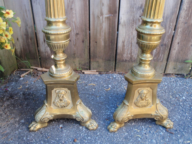 Antique Brass Church Pricket Tall Floor Candle Holder Pair in Arts & Collectibles in Barrie - Image 4