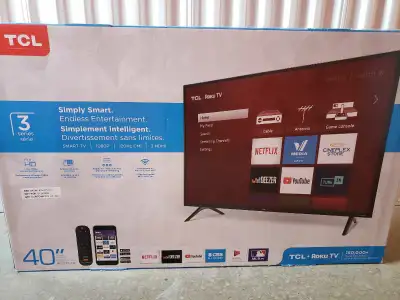 TCL 40" Smart TV In-box, never programmed. Stand, hardwear, controller and instructions included. Re...