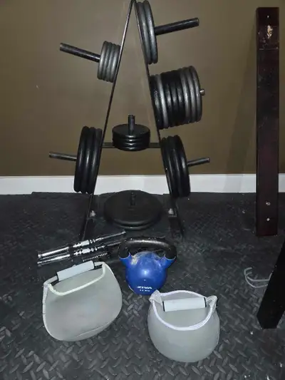 Weight platest w/ tree and handles, and kettlebells, View more
