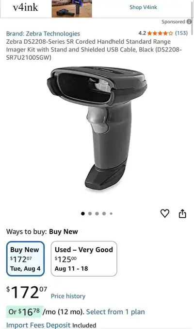 Zebra DS2208 Handheld Barcode Scanner, View more
