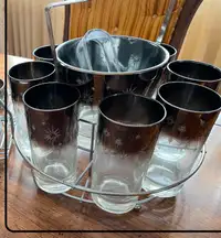 Vintage silver trim glasses with ice bucket in caddy, SILVER