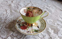 PORCELAIN CUP SAUCER - CORTINA - LIME GREEN / ROSES