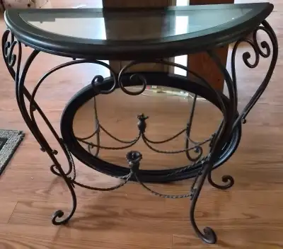 Wrought iron n glass Hallway halfmoon table and matching mirror, View more