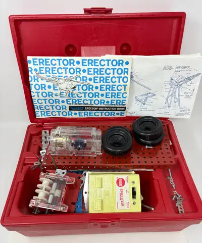 Erector Set in Red Plastic Tool Box Carry Case w/ Instruction Bo, View more