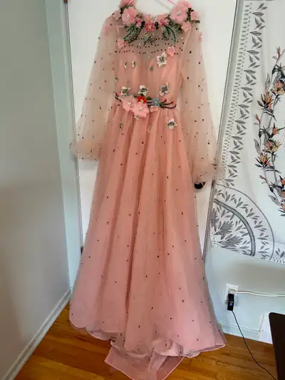 Grad Dress - Long  Pink Tulle Dress With 3D Flowers, View more
