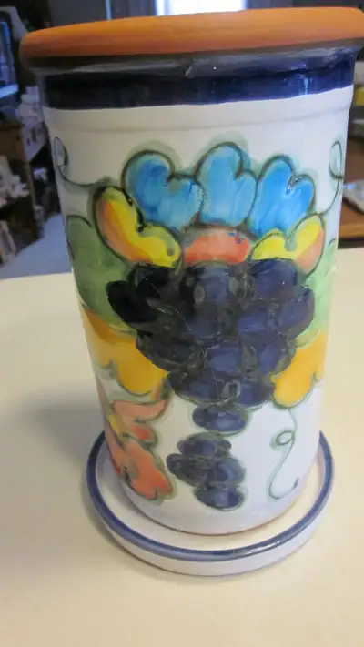 Wine cooler made in Portugal Terracotta with saucer Vintage hand painted etched floral fruits, signe...