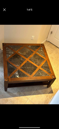 DARK WOOD COFFEE TABLE WITH BLACK MARBLE INLAY LARGE SQUARE