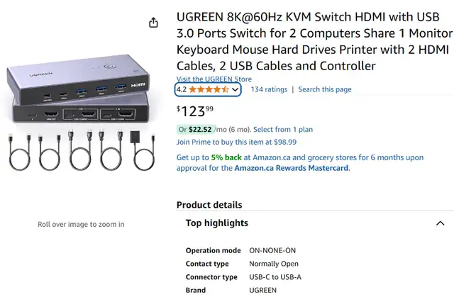 UGREEN 8K@60Hz KVM Switch HDMI with USB 3.0 Ports Switch62864744043523121