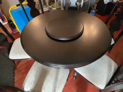 Round Dark Wood Dining Table Set with 6 Upholstered Chairs, View more